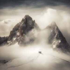 Two People Skiing Over a Cloudy Mountain 2