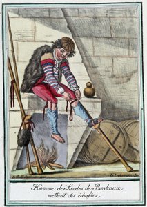 Man of the Landes de Bordeaux putting on his stilts - in “Encyclopédie des voyages” by J. Grasset St Sauveur, Deron, Paris