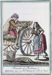 Fishwife of Bordeaux disputing with an oyster merchant from the head of Buch - in Encyclopedia of Travels by J. Grasset St Sauveur, Deron, Paris by L.F. Labrousse