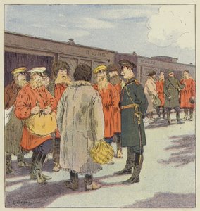 Halt of a train transporting reservists in Manchuria by L. Malespine