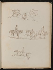 Six Studies of Horses with Various Male Riders in Various Poses, One with Raised Pistol (pen and ink) by Lady  Butler