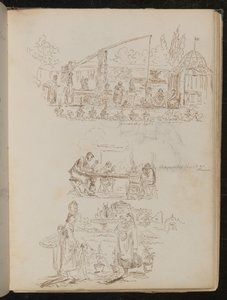 A garden and laundry scene with female figures inscribed 