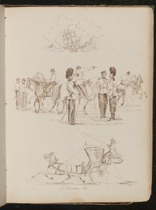 Study of a Ship Blowing on Water, Study of Eight Soldiers and Five Horses, Study of a Horse and Carriage with a Female Rider by Lady Butler