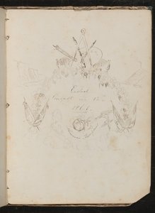 Study of Artists Materials, Butterfly, Flowers, Flags, Cliff Face and Garland in Coat of Arms Formation Around Inscription "Ended August 12th 1861" by Lady Butler
