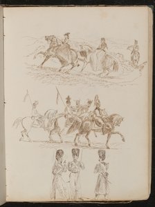 Study of two women and a man riding in hilly landscape, study of soldiers on horseback, study of three guardsmen in conversation by Lady Butler