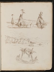 Three studies of rocky islands, a watery landscape with people and boats, and palm trees by Lady Butler