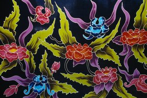 Sarong fabric decorated with floral motifs, island of Moorea, Society Islands, French Polynesia, detail