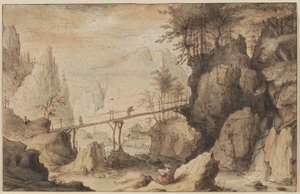 Draughtsman on a Stone Before a Bridge by Lambert Doomer