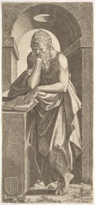 St. Simon standing before an open book with the fingers of his left hand pressed onto the, 1545