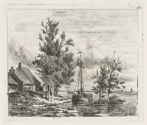 River Landscape with Sailboat and Farm by Lambertus  Hardenberg
