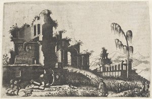 Landscape with Overgrown Ruins and Travelers by Lambertus Suavius