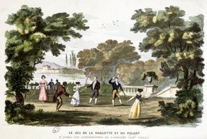 Ancient games: the game of racket and steering wheel, ancestor of badminton, based on a lithograph of Langlumé 19th century