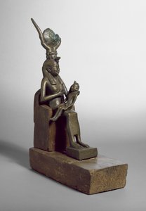 Votive statuette of Isis suckling the child Horus, found at Saqqara together with original wooden throne and base by Late Period Egyptian