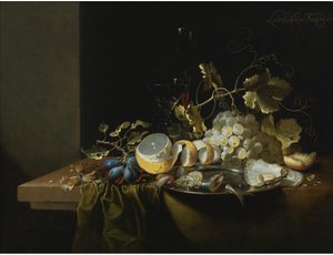 Still Life of Hazelnuts, Grapes, Oysters and Other Foods on a Draped Table