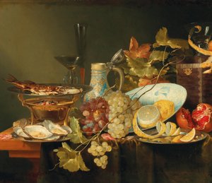 Still life of fruit, a Chinese porcelain bowl and a fish on a stove