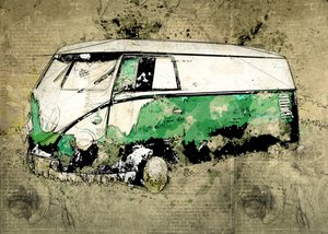 Artistic Green Bus by Lembayung senja studio [Vintage Poster]