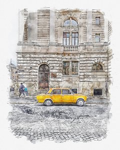 Classic Yellow Car Street by Lembayung senja studio [Vintage Poster]
