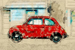Vintage Red Car Street by Lembayung senja studio [Vintage Poster]