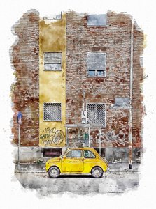 Yellow Classic Street Car by Lembayung senja studio [Vintage Poster]