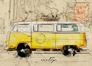 Yellow Van Travel Sketch by Lembayung senja studio [Vintage Poster]