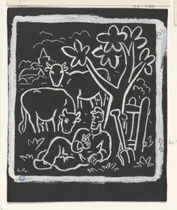 Farmer Resting Under a Tree in a Meadow with Cows