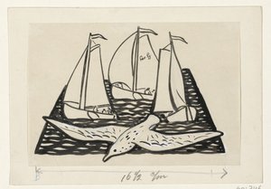 Three Sailing Ships and a Seagull by Leo Gestel (signed by artist)