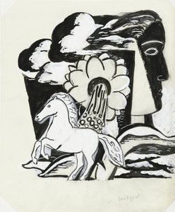 Rearing Horse, Flower and Head (sketch) by Leo Gestel (signed by artist)