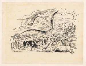 Two Birds Flying Over a Landscape with Cattle by Leo Gestel (signed by artist)