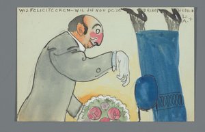 Postcard with a Drawing of the Lower Body of An Overtoom and Upper Body of Leo Gestel with Bouquet by Leo Gestel