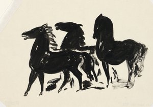 Three Black Horses Standing Looking Left by Leo Gestel