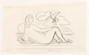 Reclining Female Nude on the Beach and a Seagull