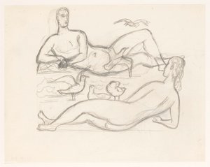 Naked Man and Woman on the Coastline, Surrounded by Seagulls by Leo Gestel