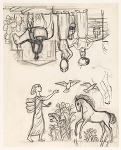 Study Sheet with Two Women with Jugs on Their Heads, a Man on a Donkey, and a Woman Releasing Birds by a Foal by Leo Gestel