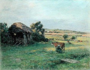 Landscape with a Peasant Woman Milking a Cow by Leon Augustin Lhermitte