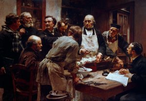 The dissection course of Dr. Claude Bernard in the presence of his pupils Paul Bert and Arsene d