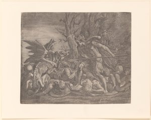 Young Man with Lion Skin Over His Head, Possibly Cadmus, Fighting a Dragon
