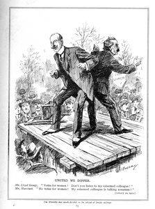 Lloyd George and Harcourt, both ministers in the Liberal Government, disagree about giving votes to women by Leonard Raven Hill