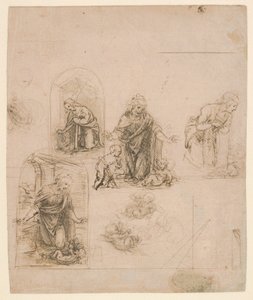 Compositional Sketches for the Virgin Adoring the Christ Child, with and without the Infant St. John the Baptist; Diagram of a Perspectival Projection (recto); Slight Doodles (verso) by Leonardo da Vinci