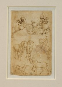 Two Horsemen Fighting a Dragon; One Horseman and Two Horses; A Dog and a Horse