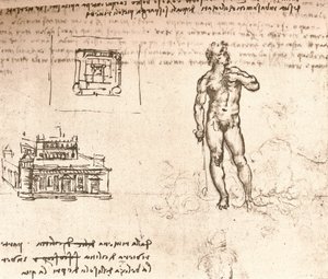 Drawing of plans for a castle, and of a nude figure, washed with Indian ink by Leonardo da Vinci