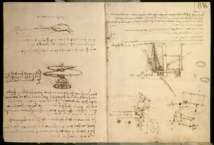 Flying machines, one of the first drawings of a helicopter-like flying machine, c. 1487 by Leonardo da Vinci