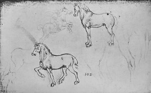 Two Studies of Horses, One of a Galloping Horseman and Others of Horses Legs by Leonardo da Vinci