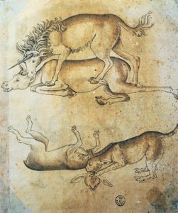 Unicorn attacking a cow and leopard attacking a sheep, study of animals by Leonardo da Vinci