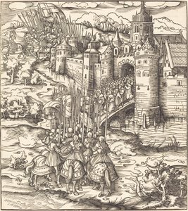 Various Men Kneeling on a Bridge in front of a Town by Leonhard Beck