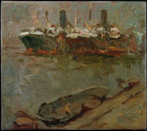 Barge at the Pier, Two Passenger Steamers in the Background by Leonhard Sandrock