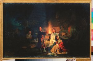 Actors at Rest. (The Actors Rehearse Their Text at Nightfall, Around a Torch, in the Courtyard of a Country House. Near Them, a Table with a Samovar and Cups, as well as Stage Equipment under Tarpaulins). Painting by Leonid by Leonid Ivanovich Solomatkin
