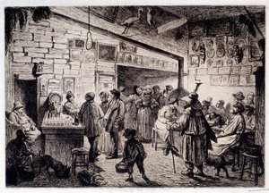 Interior View of the Cabaret du Rabbit Blanc Demolished in 1860. Engraving by Leopold Flameng, 1863