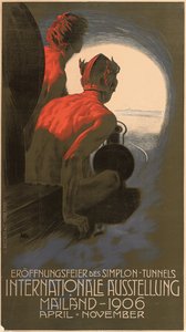 German poster advertising the 1906 International Exhibition in Milan organised to celebrate the opening of the transalpine Simplon Tunnel