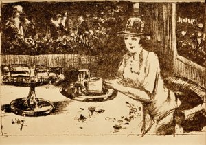 In the Café. Lady at the Table on the Veranda