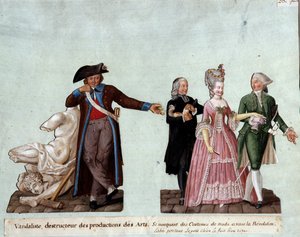 French Revolution: A Vandalist, Destroyer of Works of Art on the Left, Mocking the Costumes of Two Nobles and an Abbe Carrying a Small Dog